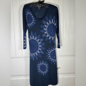 Desigual Dress Large Blue Knit Sunflower Embellished Sequin Long Sleeve Stretch